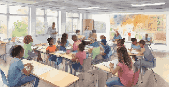 A bright and colorful classroom filled with students of diverse backgrounds collaborating and discussing ideas. The room has educational posters and a whiteboard in the background.