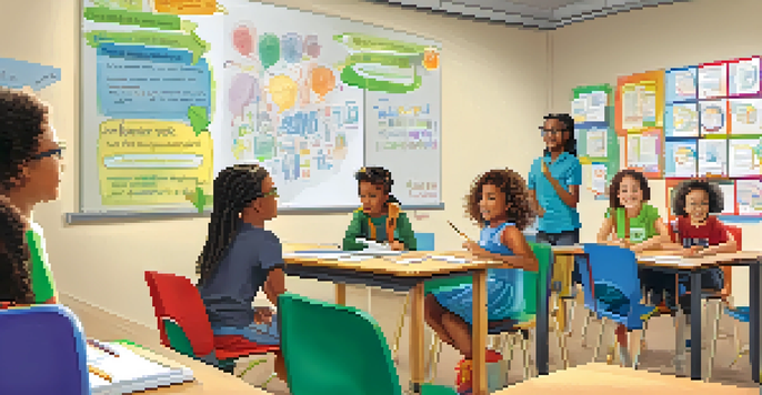 A diverse group of students engaged in a discussion in a bright classroom filled with educational posters and sunlight.