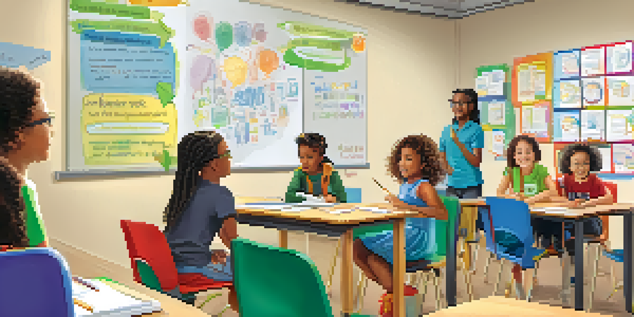 A diverse group of students engaged in a discussion in a bright classroom filled with educational posters and sunlight.