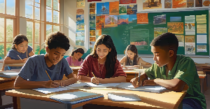 A diverse group of students working together in a colorful classroom filled with cultural decorations.