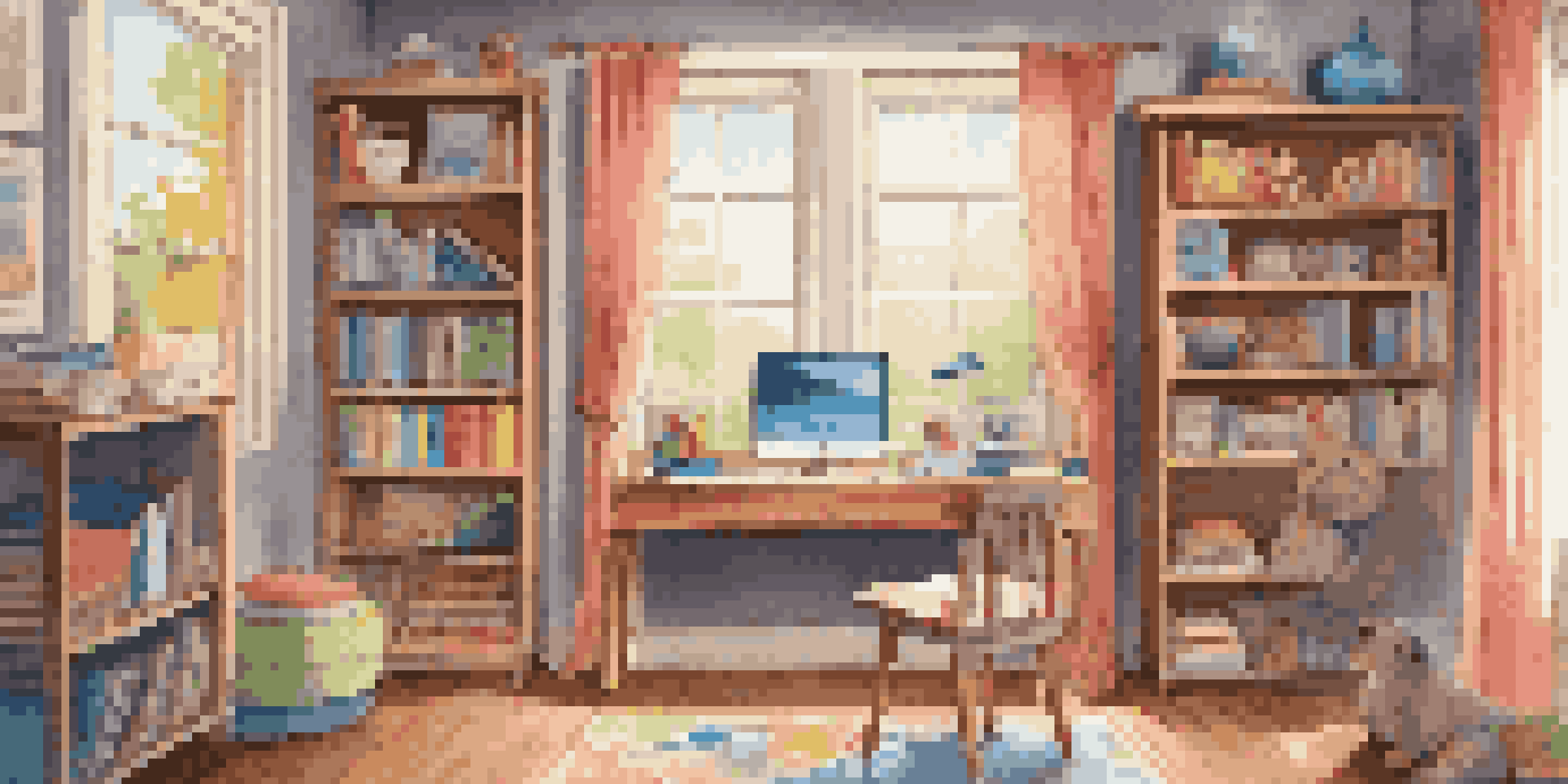 A cozy home study space for children with a desk, chair, and colorful stationery, illuminated by natural light from a window.