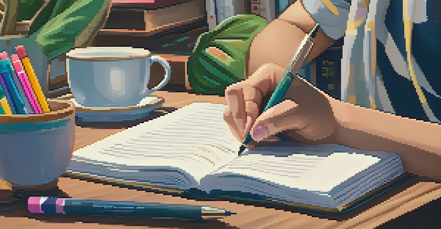Close-up of hands writing in a journal with colorful stationery and a cup of tea in a cozy study space, symbolizing mindfulness.
