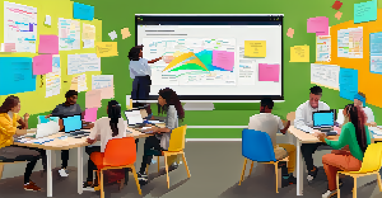 Students collaborating on a group project in a digital classroom, with colorful notes and diagrams creating an interactive atmosphere.