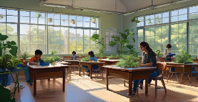 A calm classroom with a teacher practicing deep breathing among students, surrounded by plants and natural light.