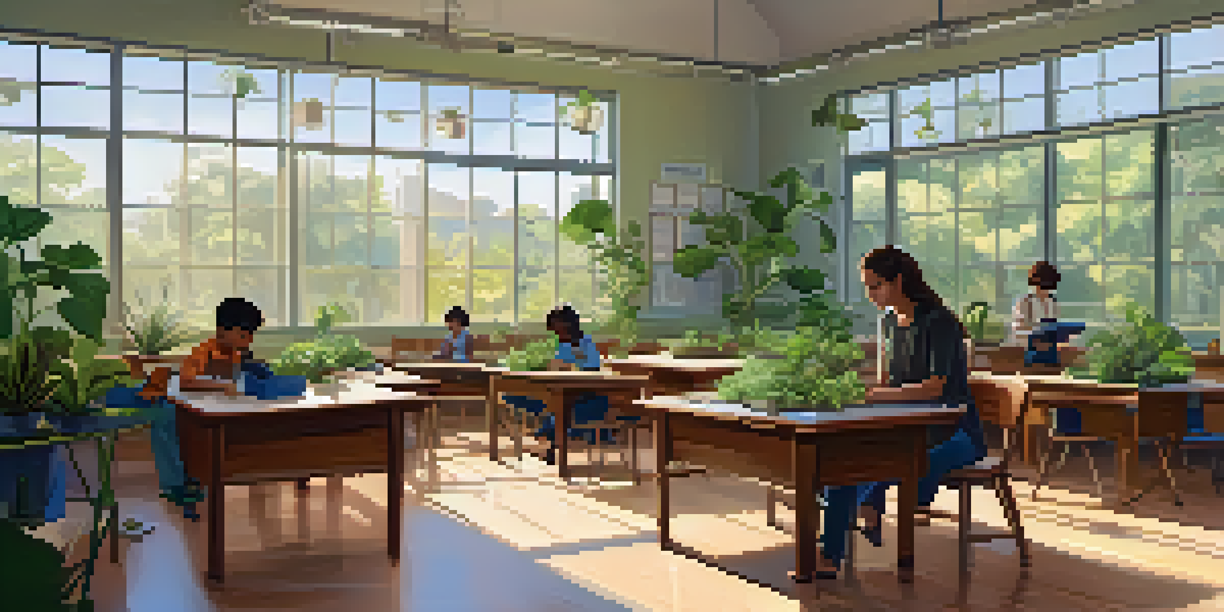 A calm classroom with a teacher practicing deep breathing among students, surrounded by plants and natural light.