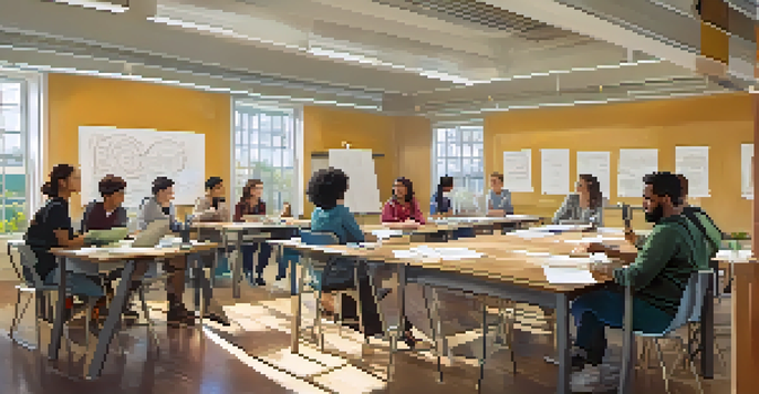 A diverse group of adult learners collaborating in a workshop, surrounded by laptops and notes, with a bright and airy environment.