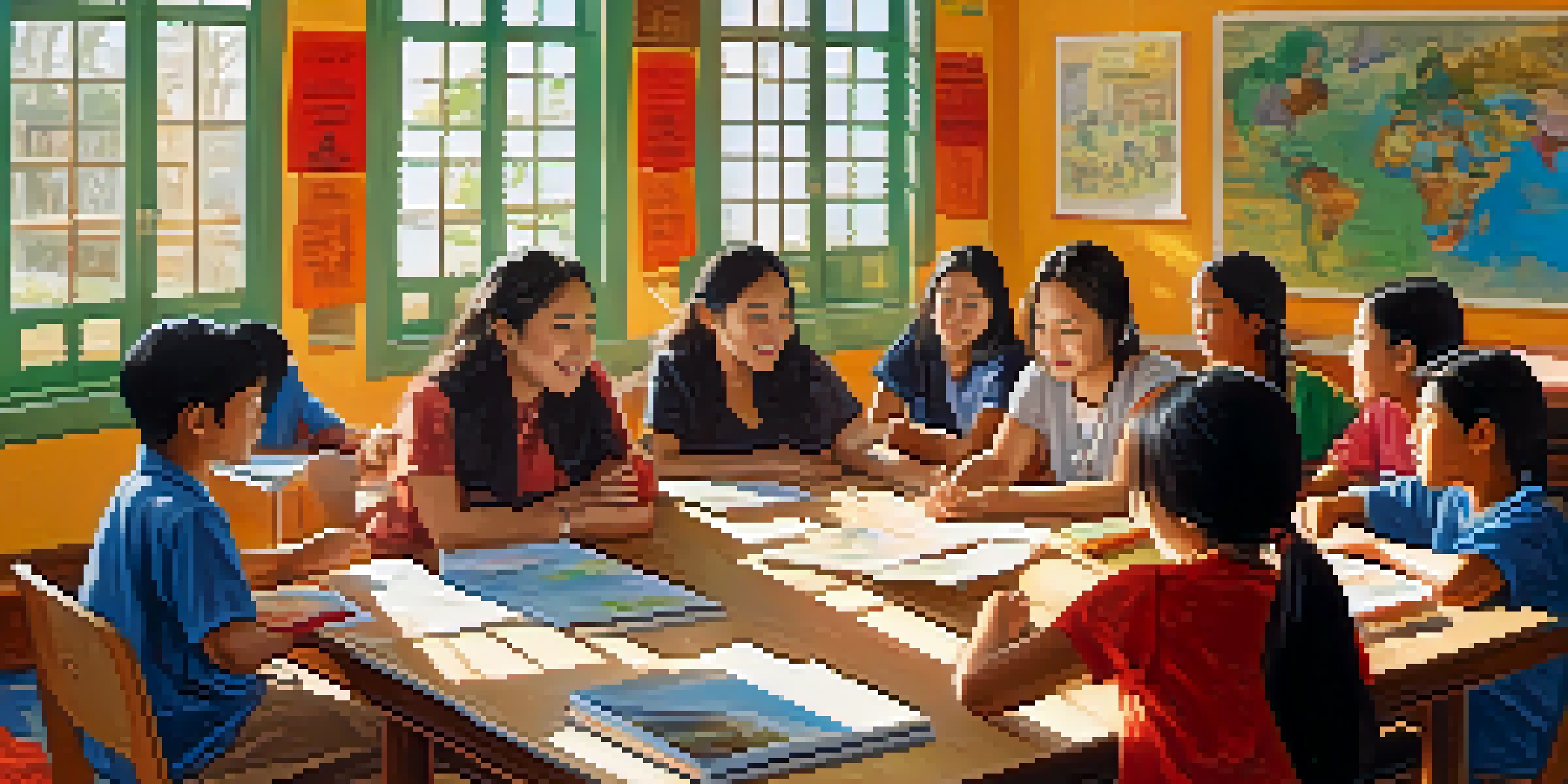 A diverse group of students and a teacher in a colorful classroom, collaborating and sharing ideas, with cultural artifacts and sunlight illuminating the space.