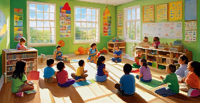 A bright classroom with children engaging in language learning activities, surrounded by colorful alphabet posters and sunlight coming through the windows.