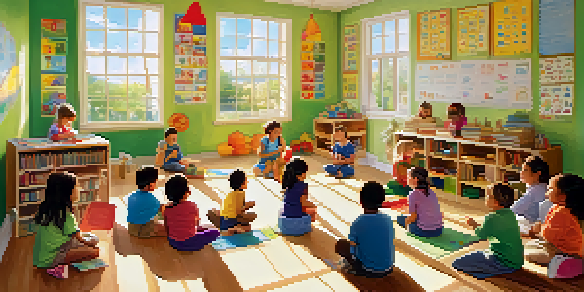 A bright classroom with children engaging in language learning activities, surrounded by colorful alphabet posters and sunlight coming through the windows.