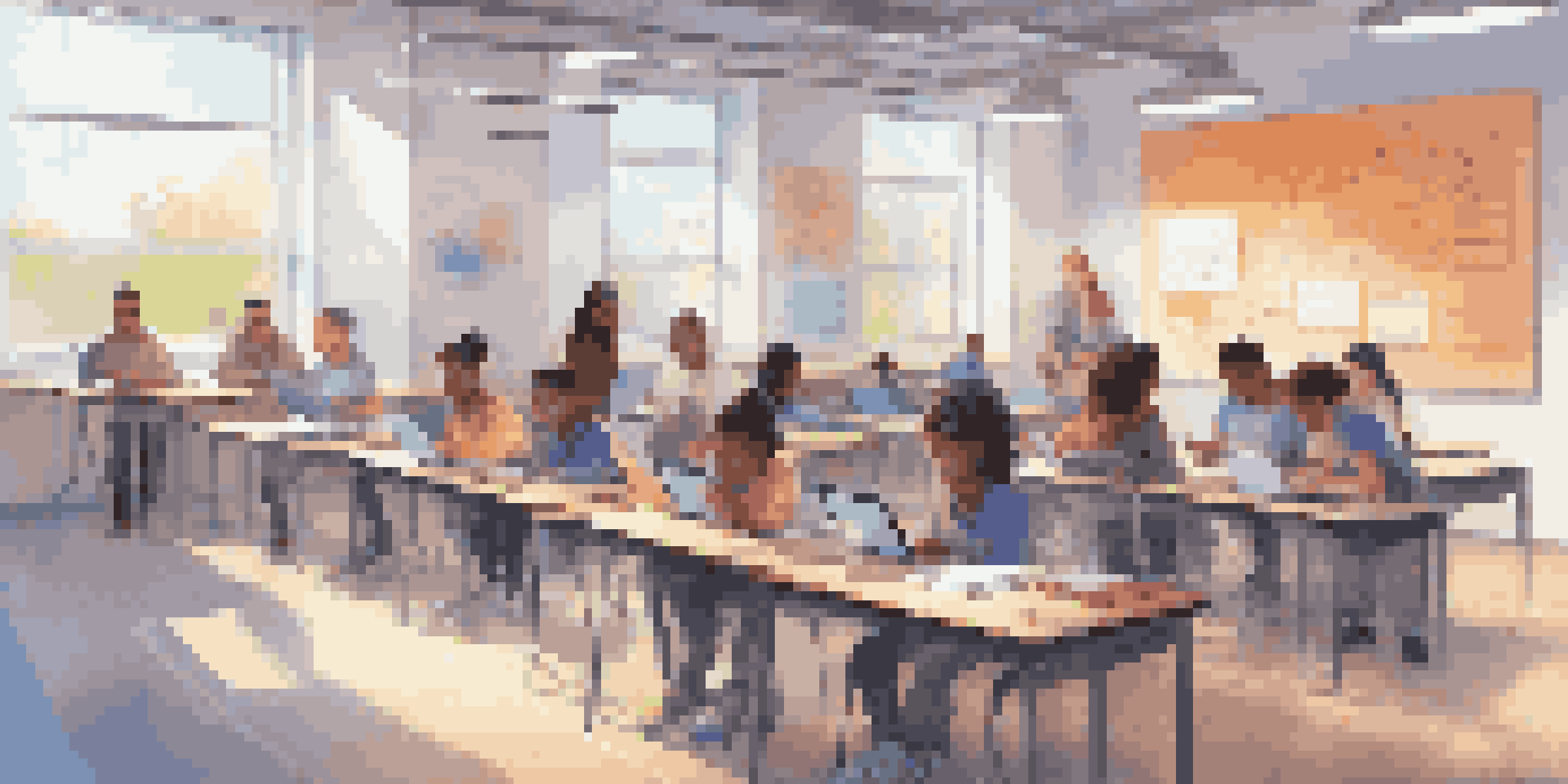 A modern classroom with diverse students using tablets and laptops for digital assessments, collaborating and discussing together.
