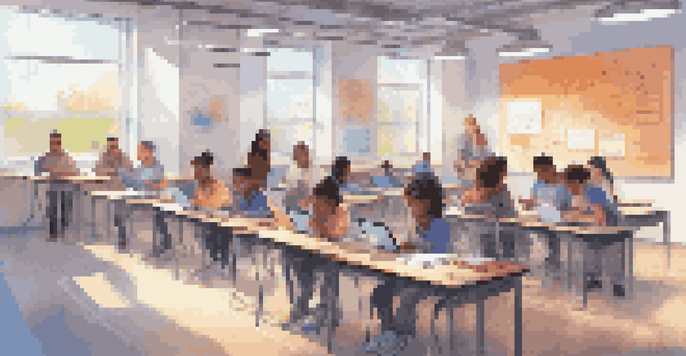 A modern classroom with diverse students using tablets and laptops for digital assessments, collaborating and discussing together.