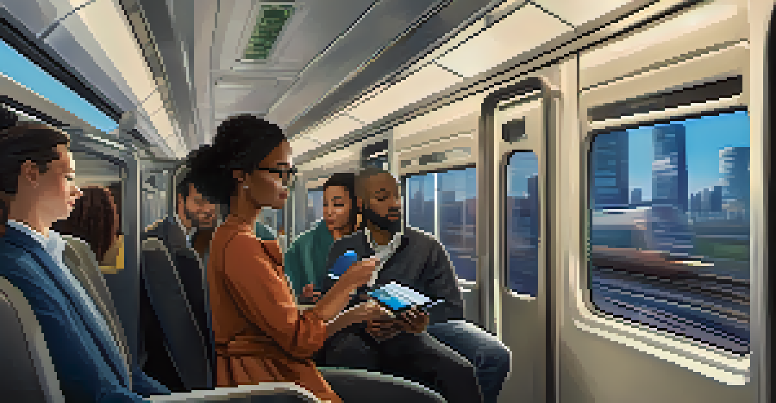 A person learning on a tablet during a train commute, surrounded by fellow passengers.
