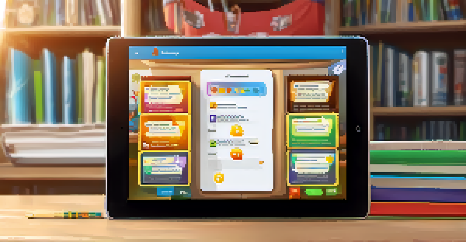 A close-up of a tablet showing personalized feedback and progress badges in a cozy study area with educational materials.