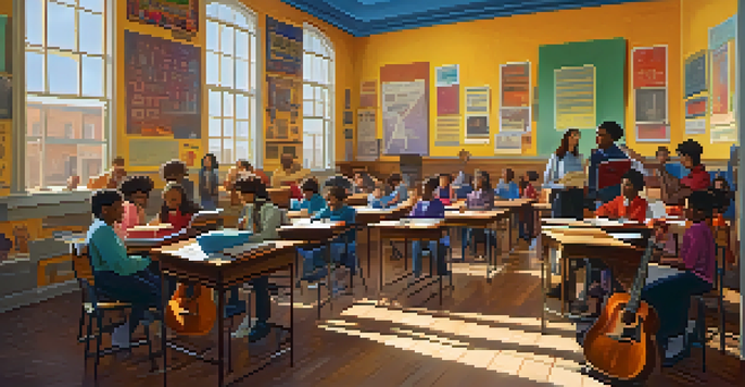 A diverse group of students collaborating in a colorful classroom, surrounded by musical instruments and history posters, working on a music and social studies project under warm natural light.