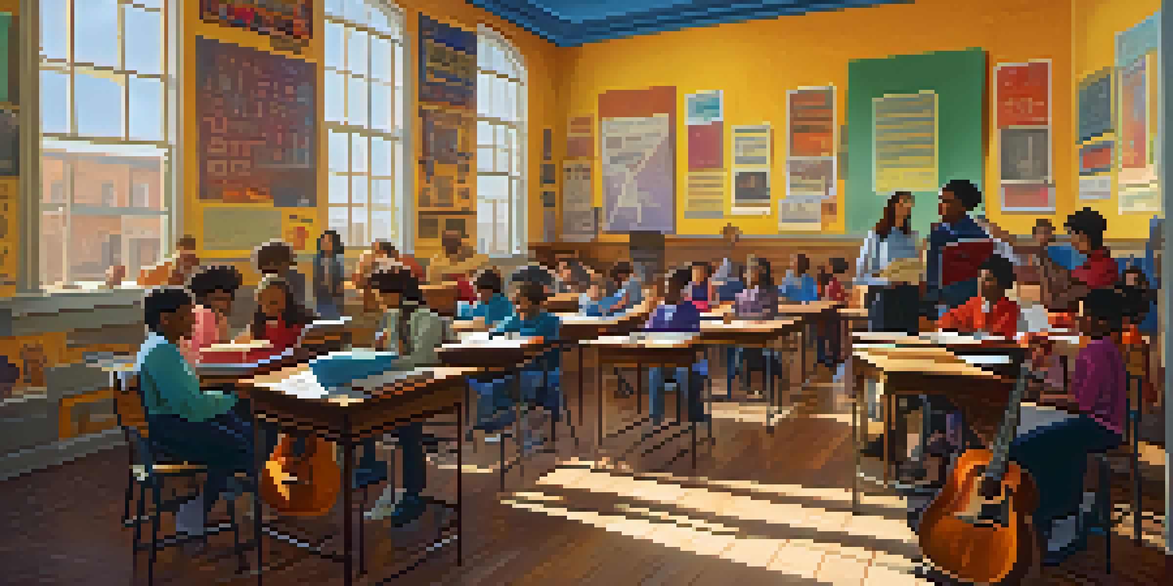 A diverse group of students collaborating in a colorful classroom, surrounded by musical instruments and history posters, working on a music and social studies project under warm natural light.