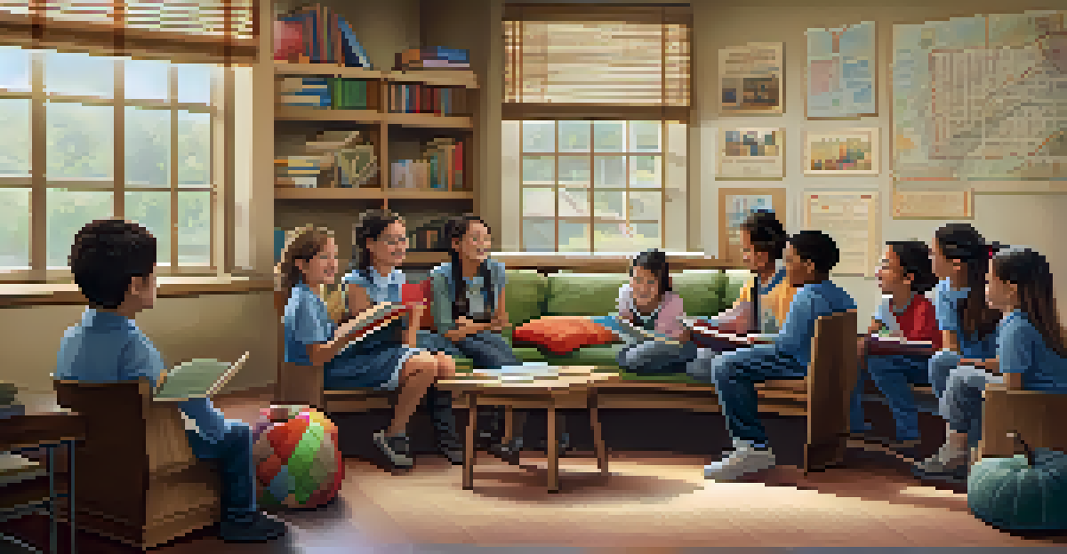 A teacher motivating students in a cozy reading nook, showing a progress chart and surrounded by books.