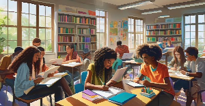 A group of teenagers studying together in a library, surrounded by books and sunlight.