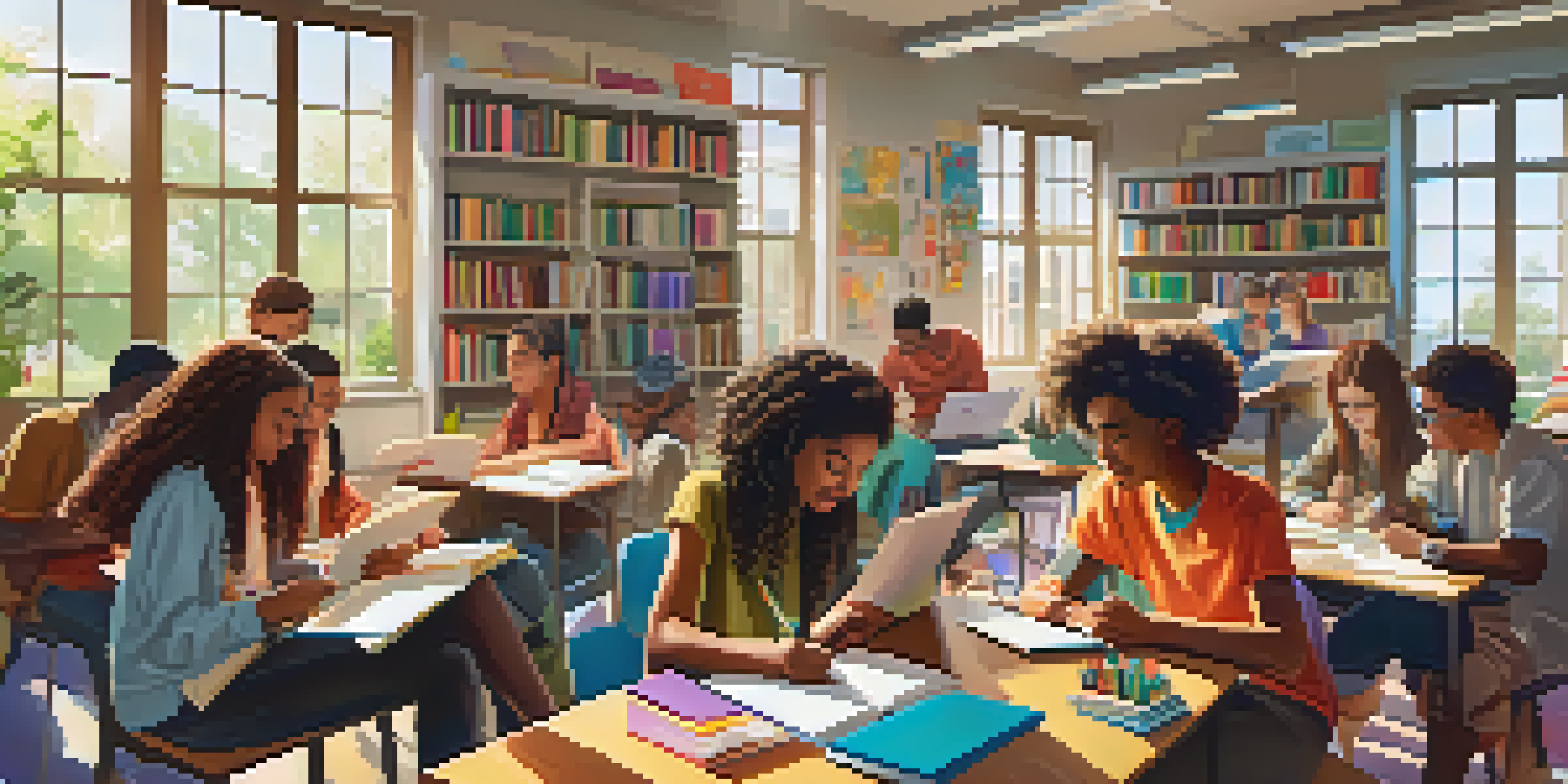 A group of teenagers studying together in a library, surrounded by books and sunlight.