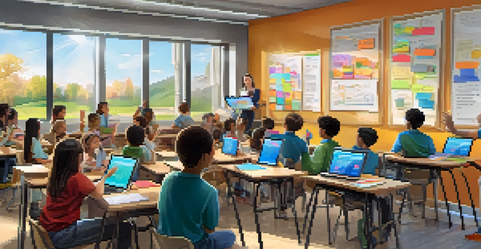 A teacher in a bright classroom using a tablet to analyze student performance, with students engaged in their tasks.