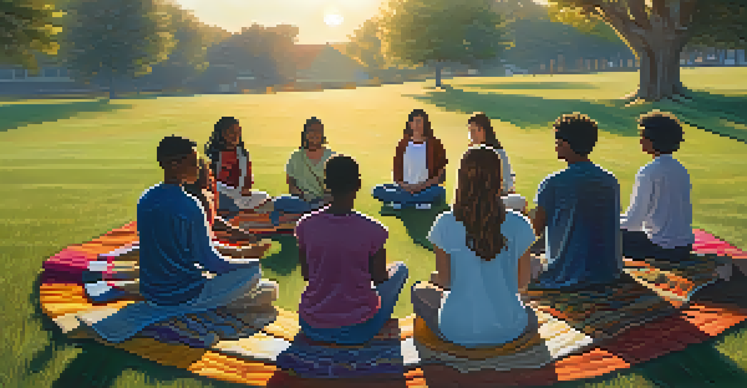 A diverse group of students meditating together on a grassy field during sunset, surrounded by colorful blankets.