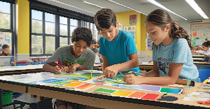 A lively classroom with diverse students working together on a bridge model for a STEAM project, surrounded by colorful materials and bright sunlight.