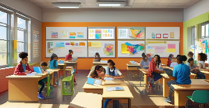 A diverse group of students in a bright classroom, each using technology for personalized learning.