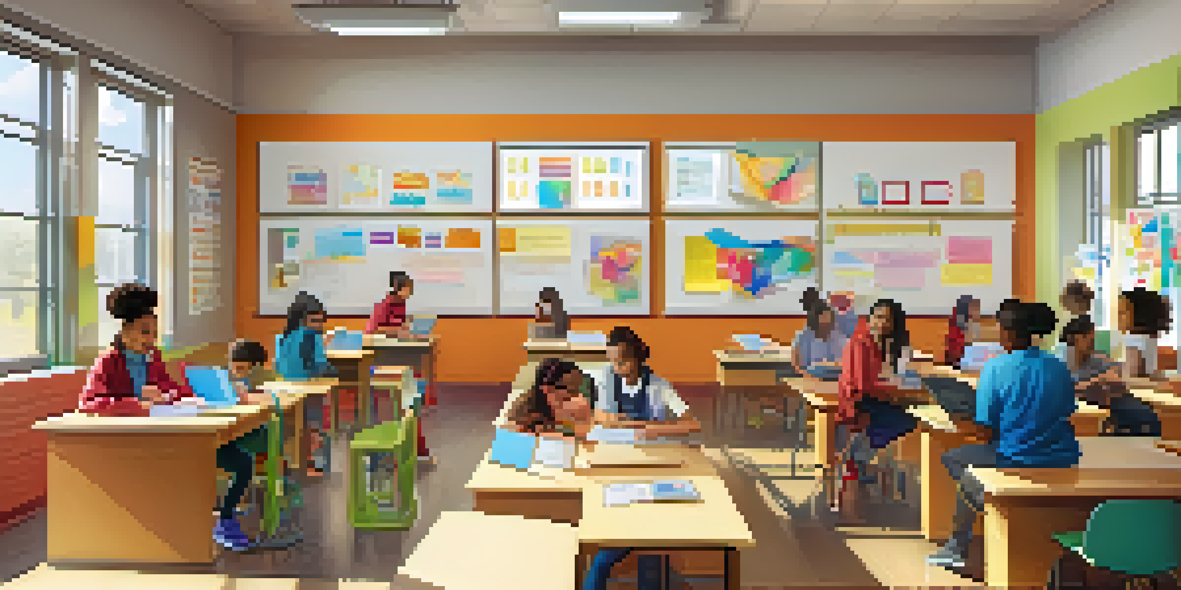 A diverse group of students in a bright classroom, each using technology for personalized learning.