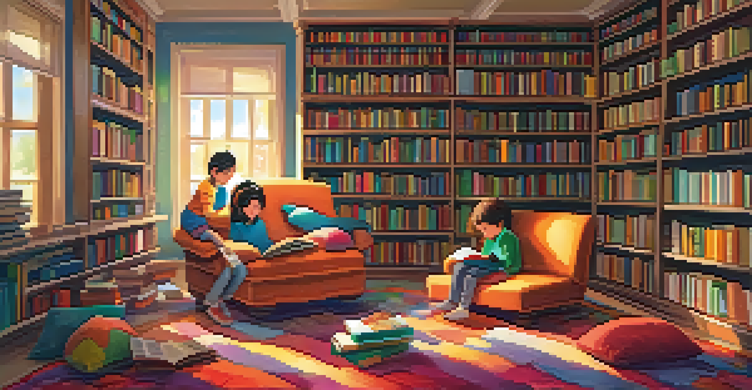 A library corner with children of various backgrounds sitting on a rug, holding books that represent their cultures, surrounded by shelves of literature.