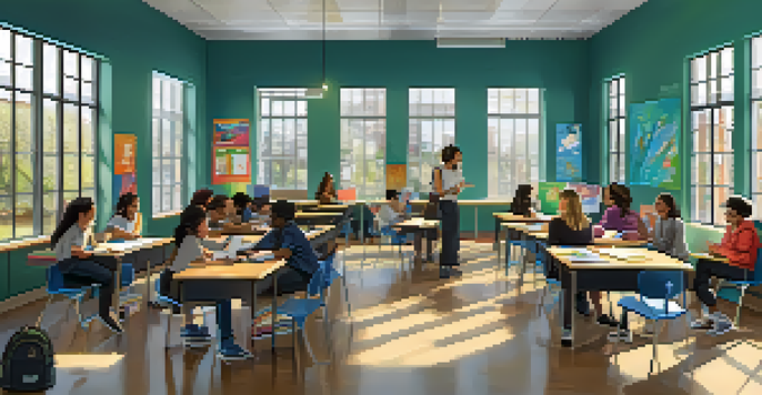 A diverse group of students engaged in a lively classroom discussion, with a teacher at the center facilitating the activity.