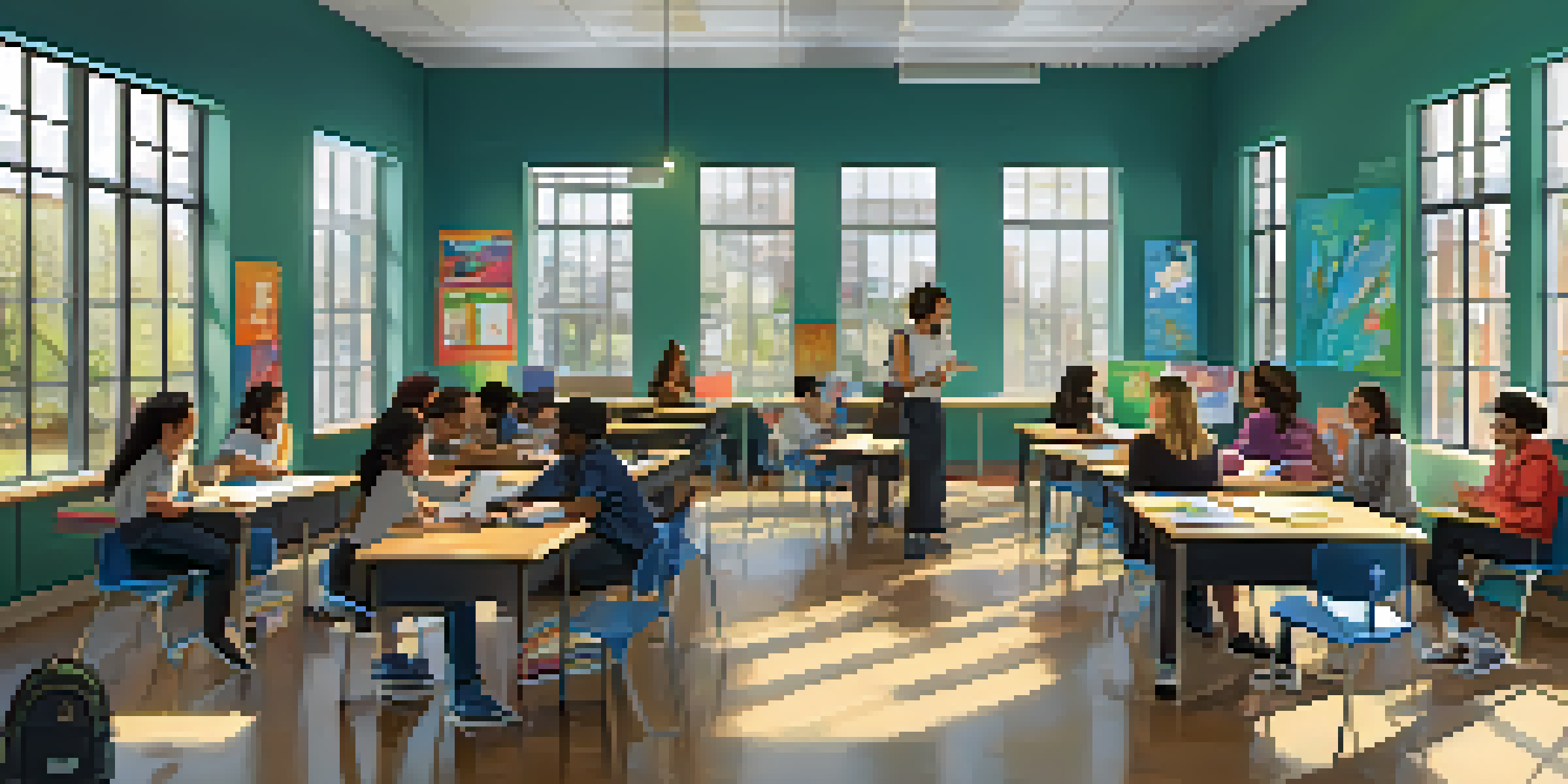 A diverse group of students engaged in a lively classroom discussion, with a teacher at the center facilitating the activity.