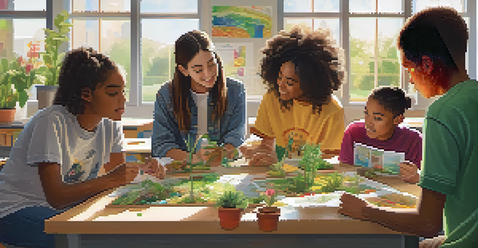 A group of diverse students working together on a project about a sustainable community garden in a vibrant classroom filled with educational materials.