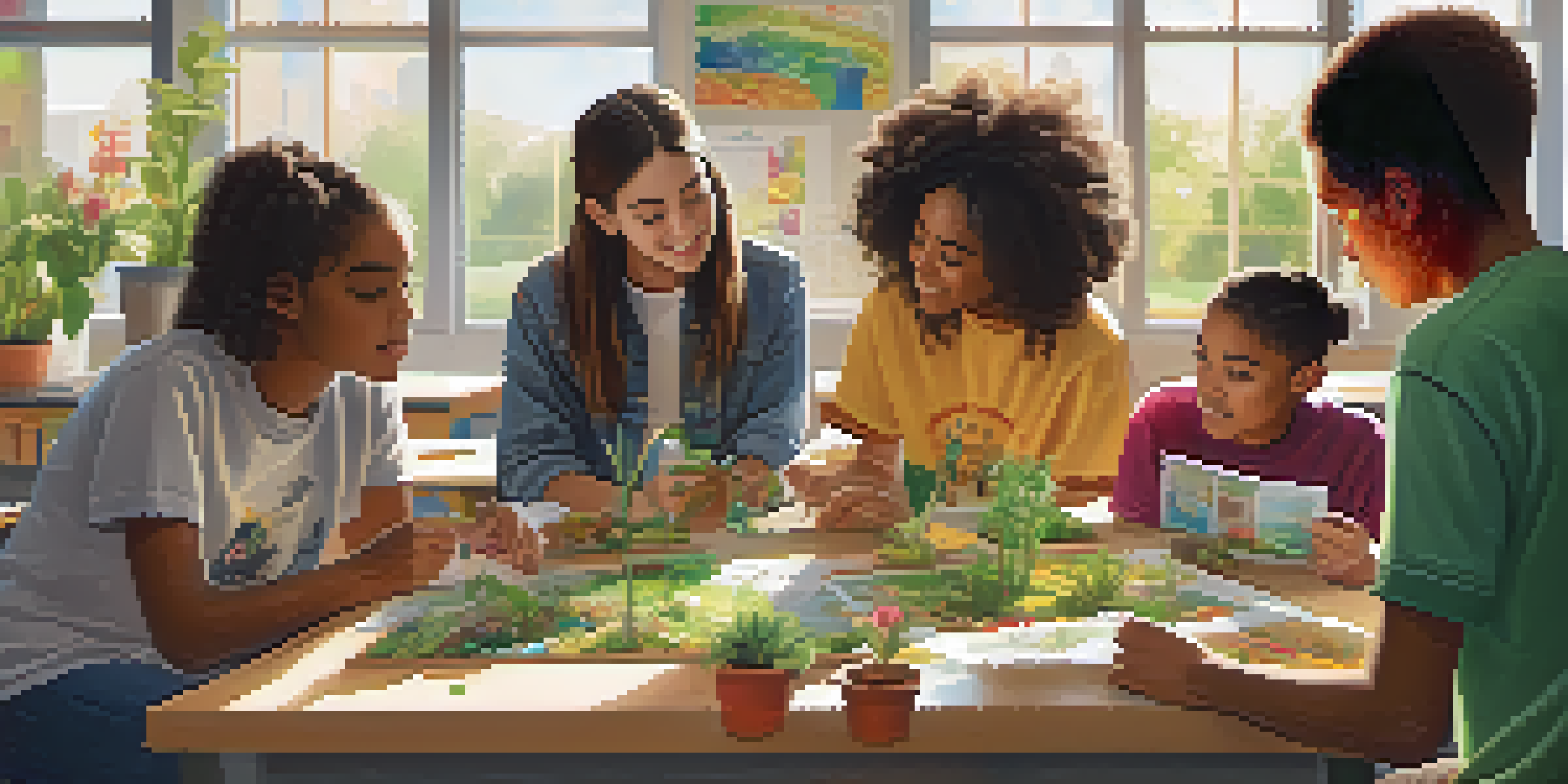 A group of diverse students working together on a project about a sustainable community garden in a vibrant classroom filled with educational materials.