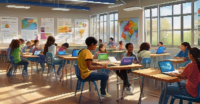 A vibrant classroom with students working together on digital devices, promoting collaboration and learning.