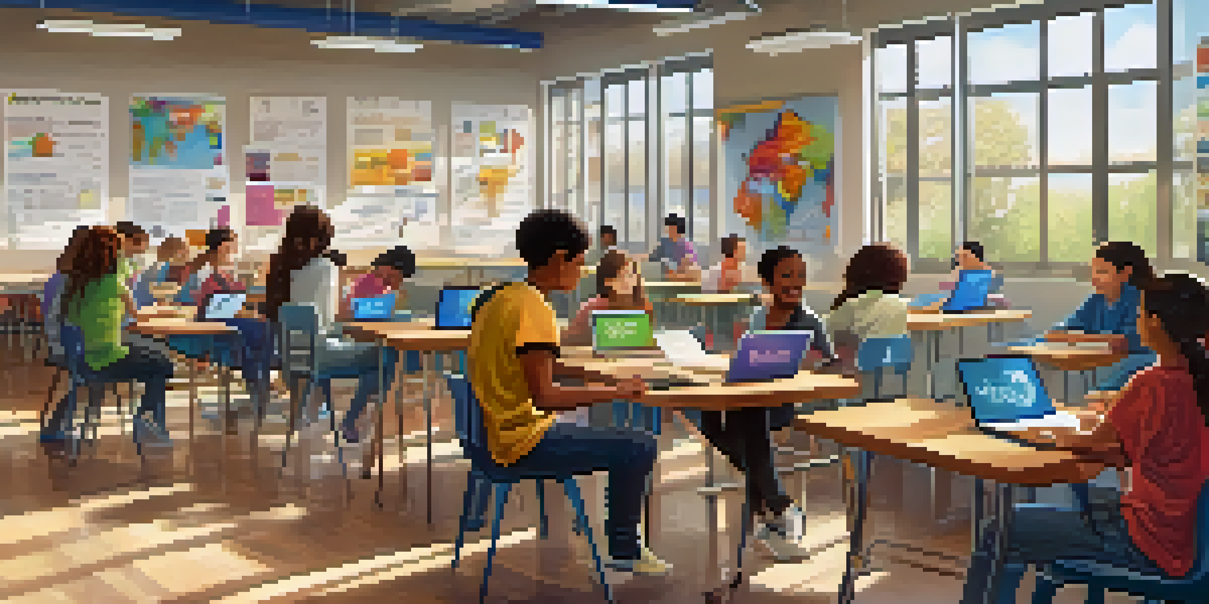 A vibrant classroom with students working together on digital devices, promoting collaboration and learning.