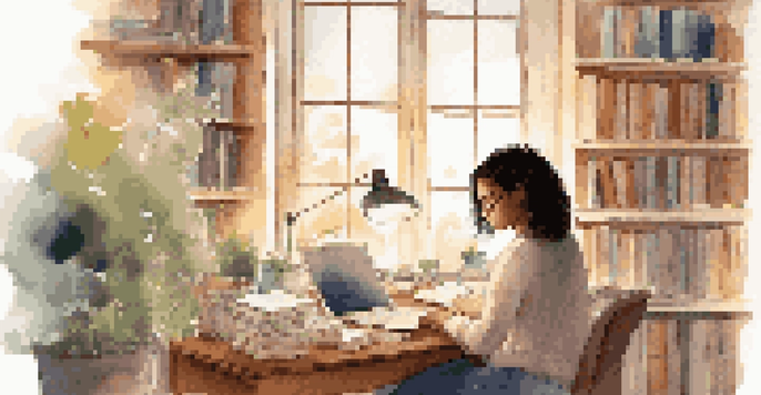 A young woman studying at a desk with a laptop and books, in a warmly lit room with a view of a garden.