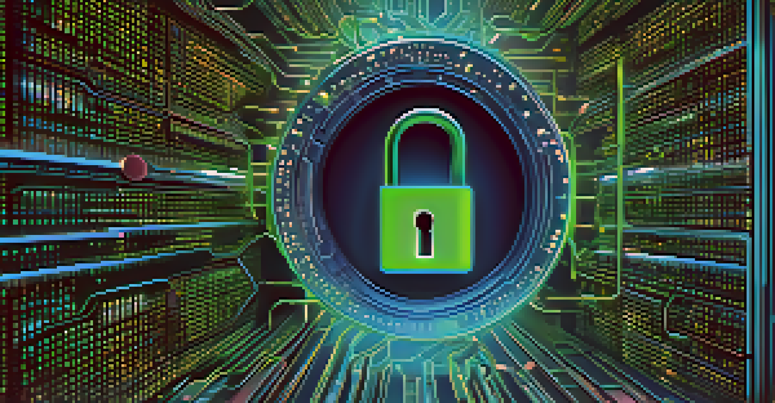 A digital lock surrounded by a vibrant blue and green background with binary code, representing data privacy and security.