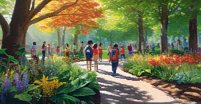 Special needs students participating in a nature walk, exploring plants and textures in a vibrant outdoor classroom filled with sunlight and greenery.