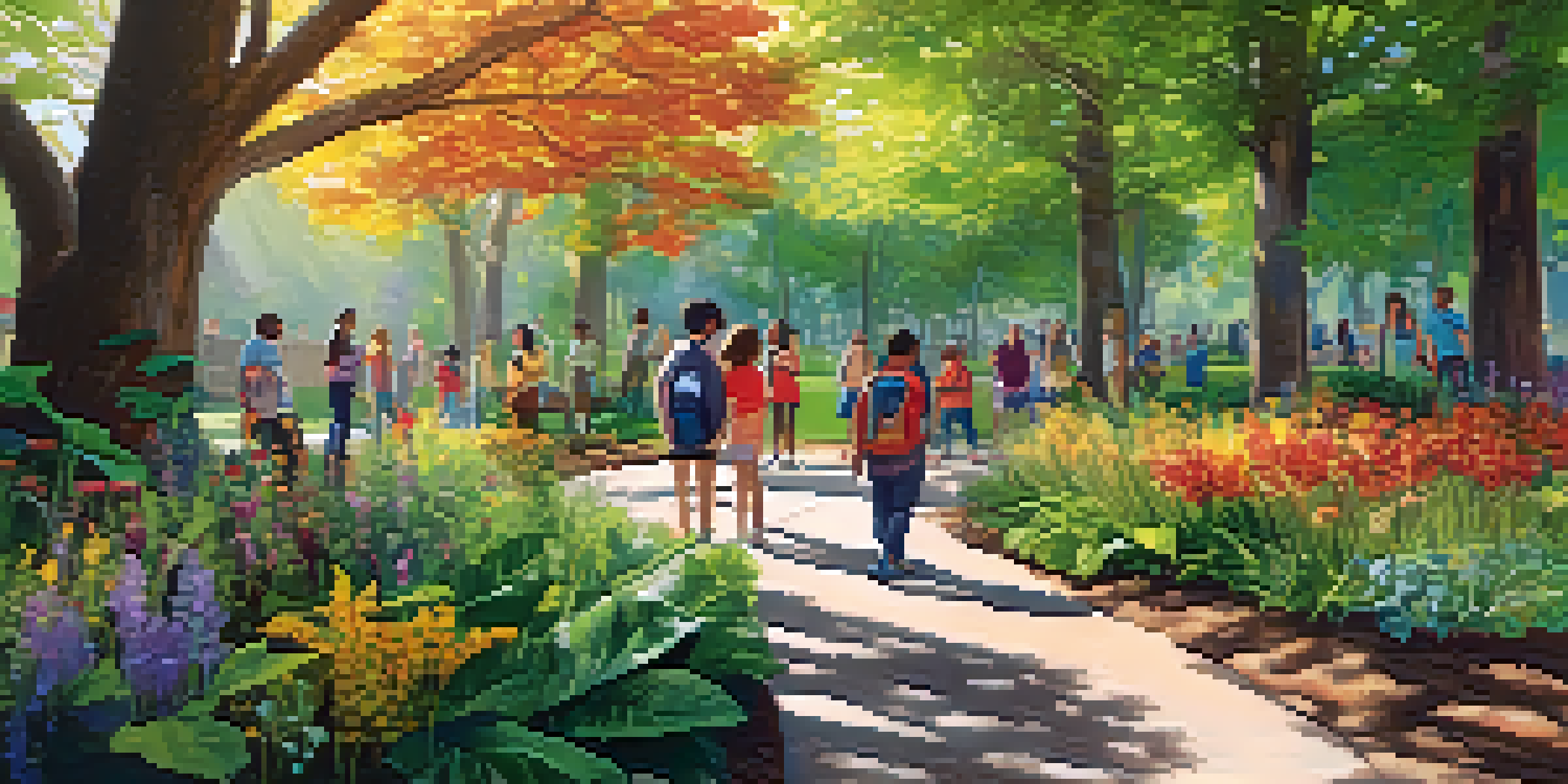 Special needs students participating in a nature walk, exploring plants and textures in a vibrant outdoor classroom filled with sunlight and greenery.