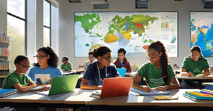 A diverse group of students collaborating on STEM projects in a bright classroom filled with educational materials and technology.