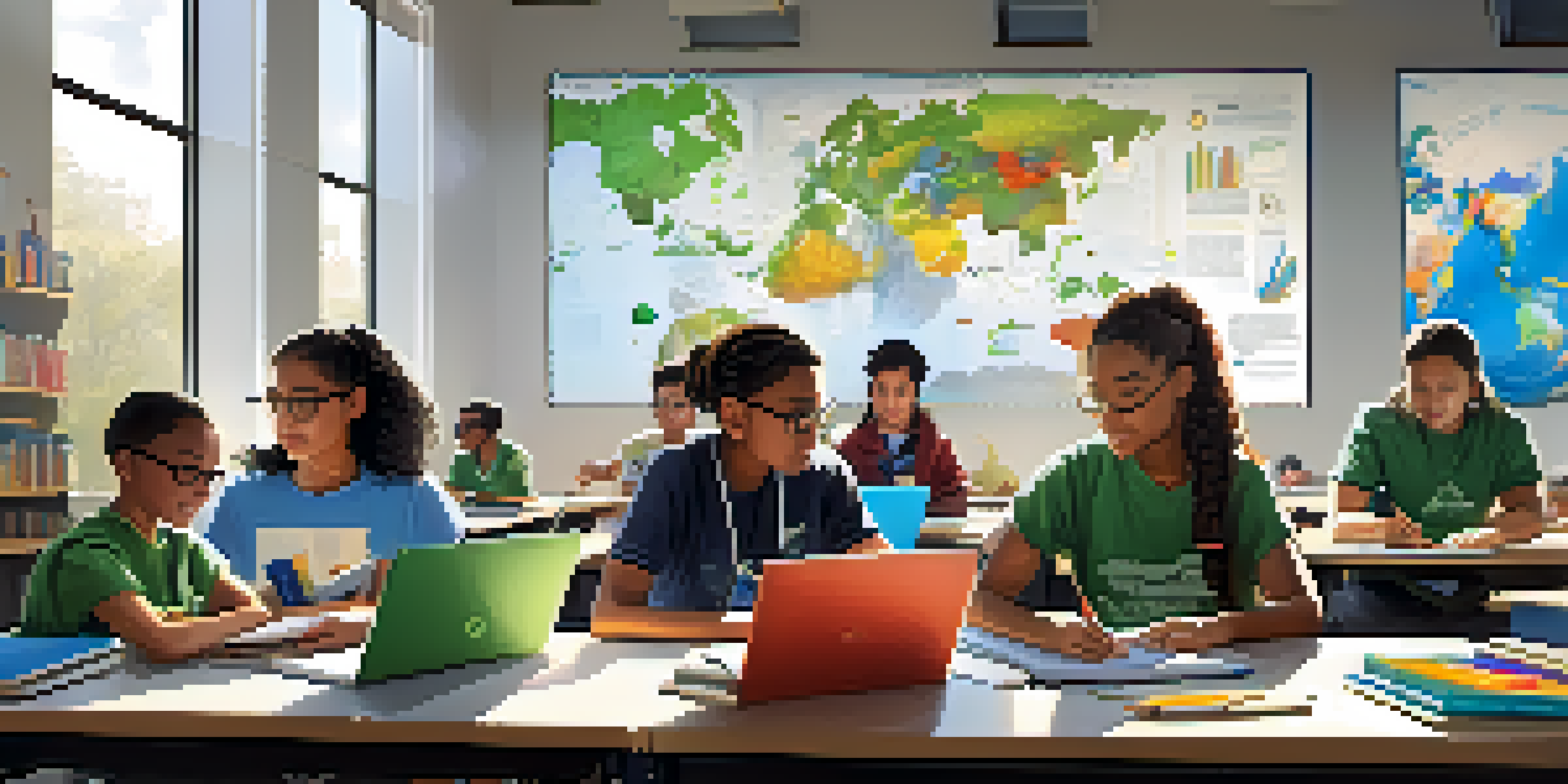 A diverse group of students collaborating on STEM projects in a bright classroom filled with educational materials and technology.