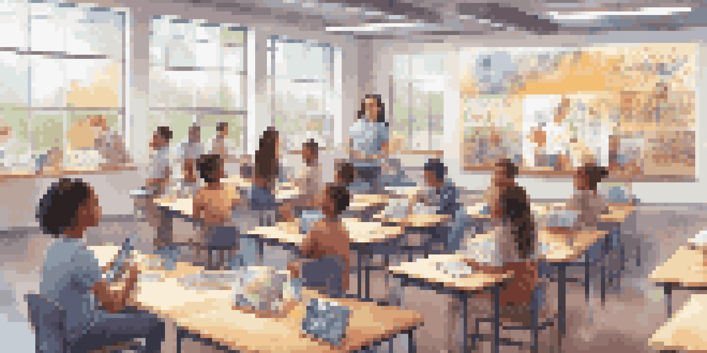 A vibrant classroom scene with diverse students using digital tablets and AI assistants, all illuminated by natural light from large windows.