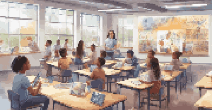 A vibrant classroom scene with diverse students using digital tablets and AI assistants, all illuminated by natural light from large windows.