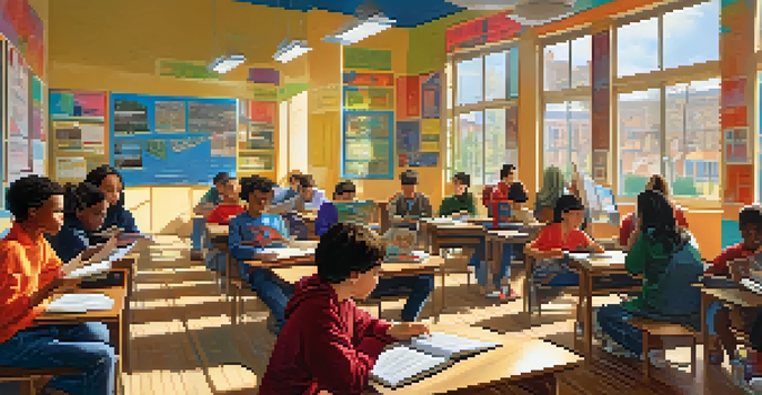 A diverse group of students in a colorful classroom, engaged in different forms of learning such as reading and watching a documentary, with posters about ethics on the walls.