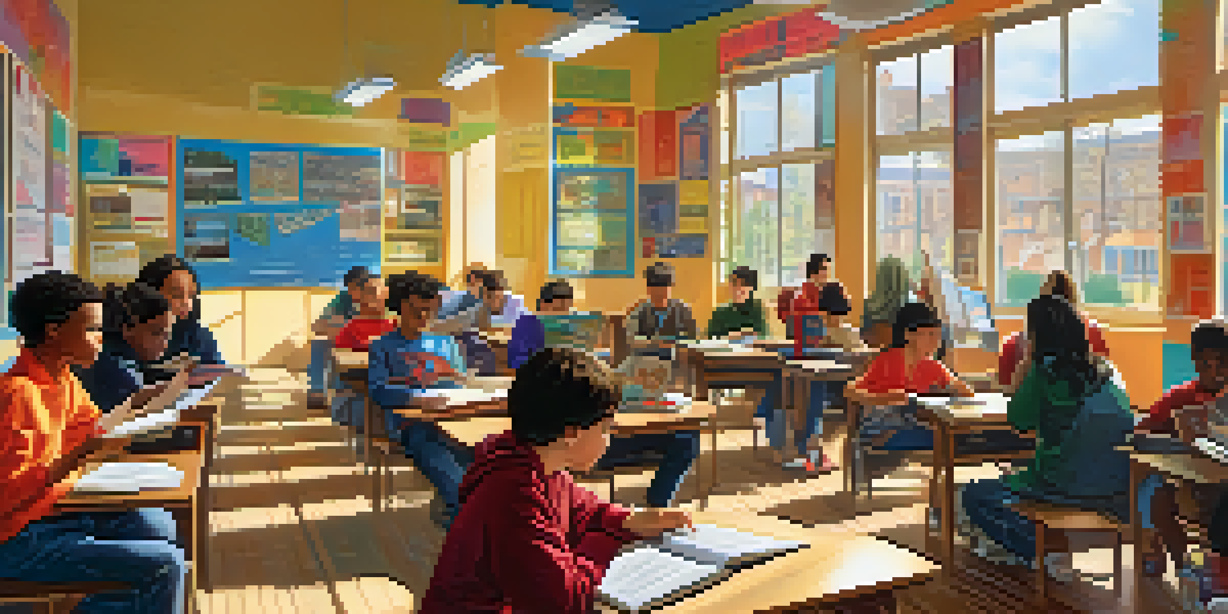 A diverse group of students in a colorful classroom, engaged in different forms of learning such as reading and watching a documentary, with posters about ethics on the walls.