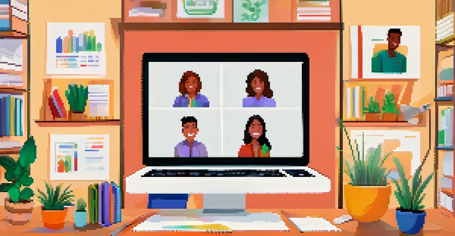 A computer screen showing a virtual classroom with students in video conference and a digital whiteboard in a cozy home office.