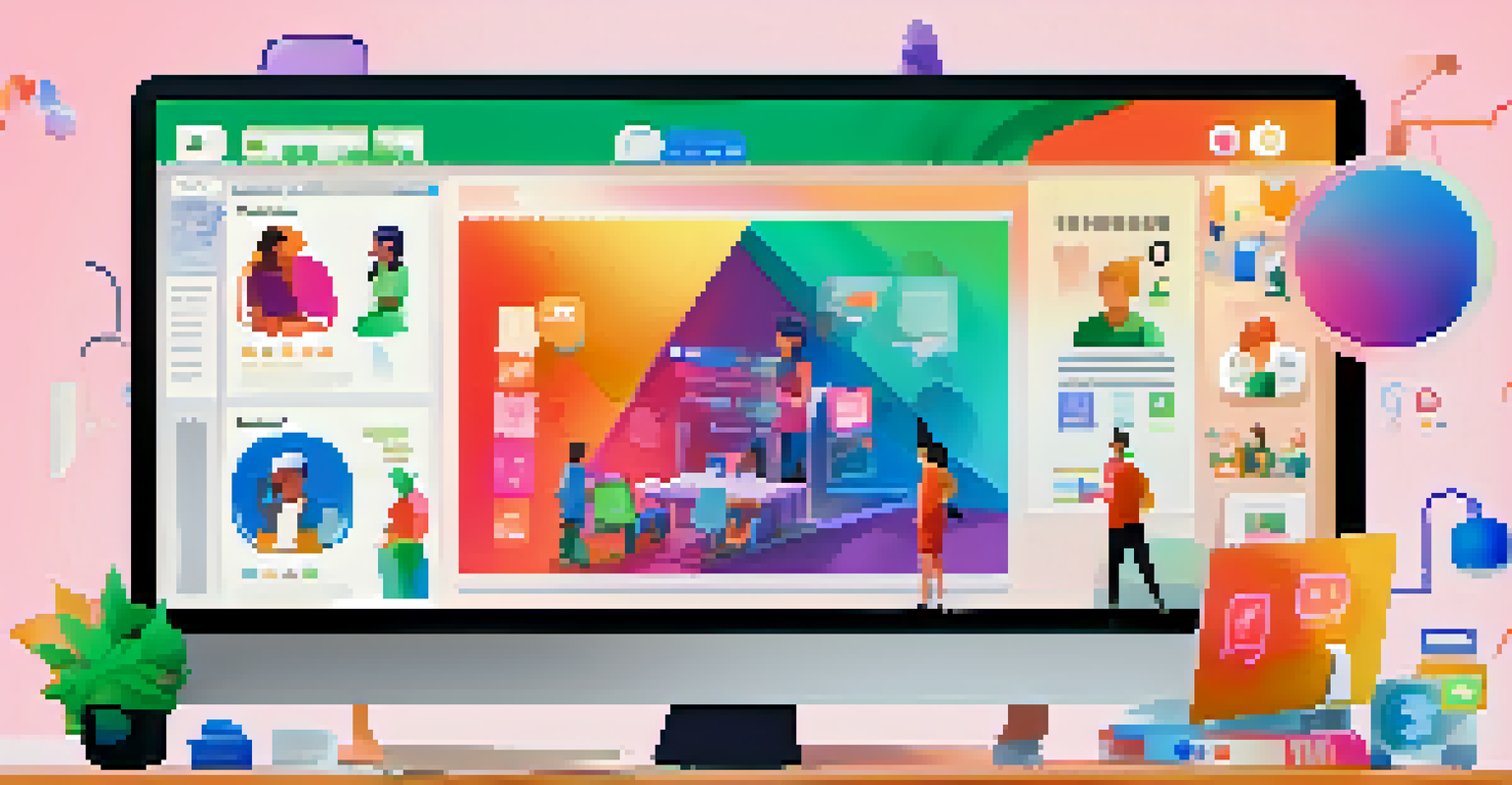 A digital classroom displayed on a computer screen with various educational icons and active discussions in a colorful background.