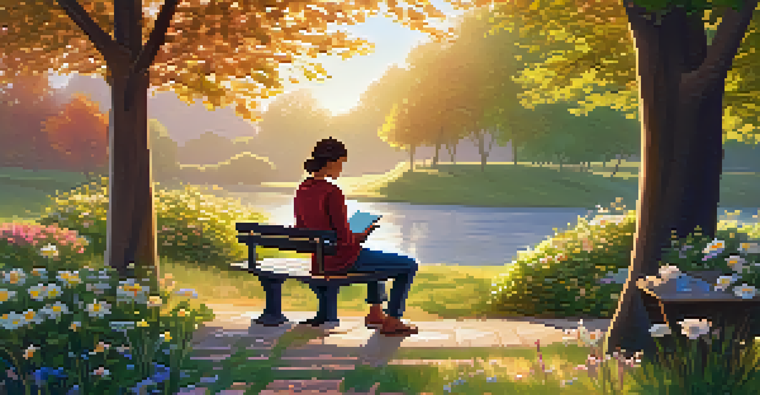 A peaceful outdoor scene with a person reading a book and using a laptop on a bench, surrounded by nature in golden hour light.