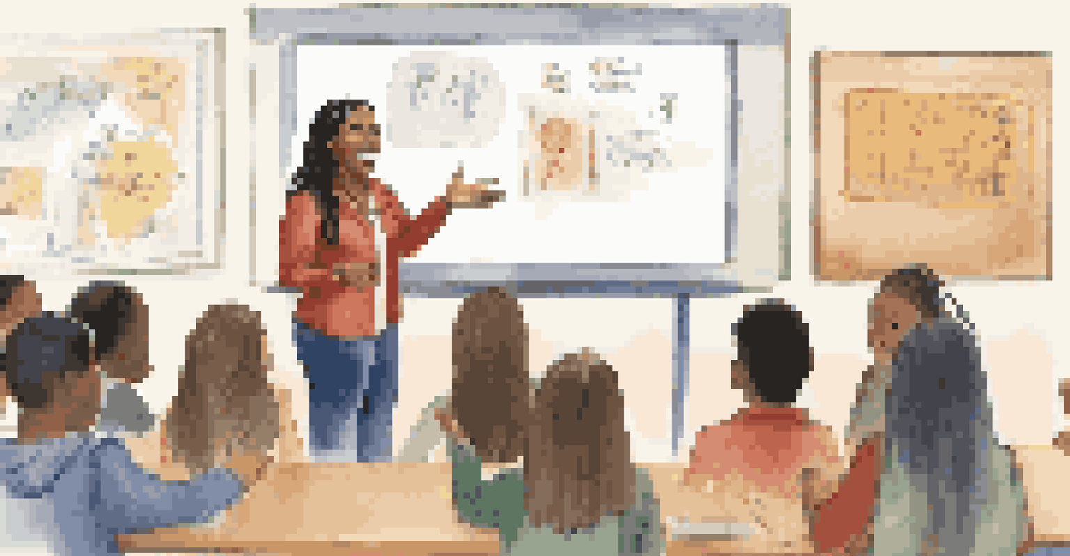 A teacher facilitating an inclusive discussion in a multicultural classroom, with students of various backgrounds participating actively.