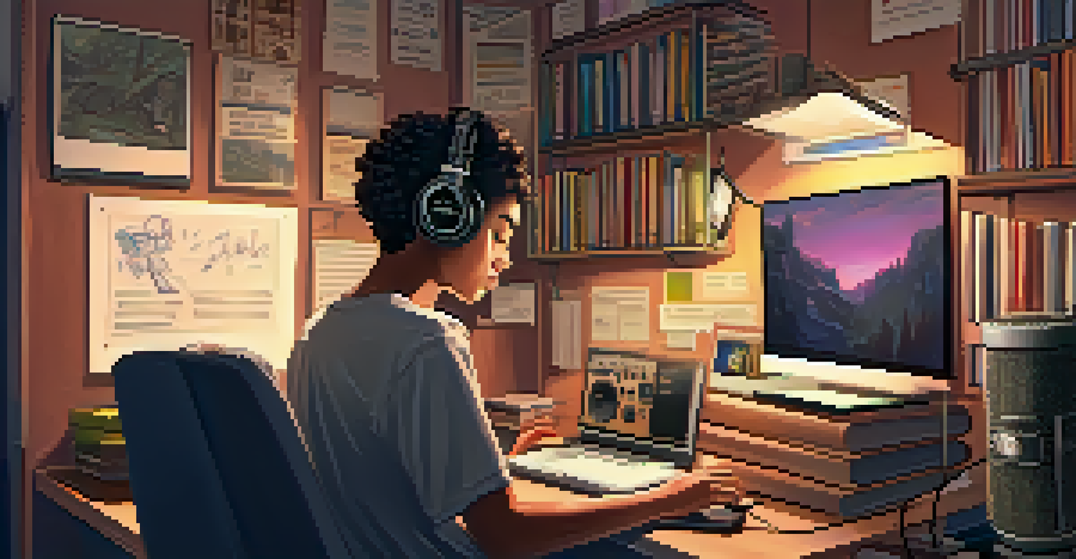A high school student recording a podcast in a comfortable study area, equipped with microphones and a laptop, illuminated by warm lighting.