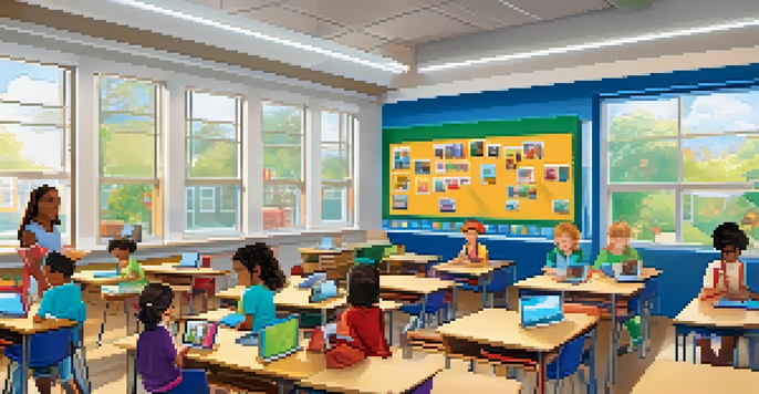 A bright and colorful modern classroom with diverse students using digital tablets for personalized learning.